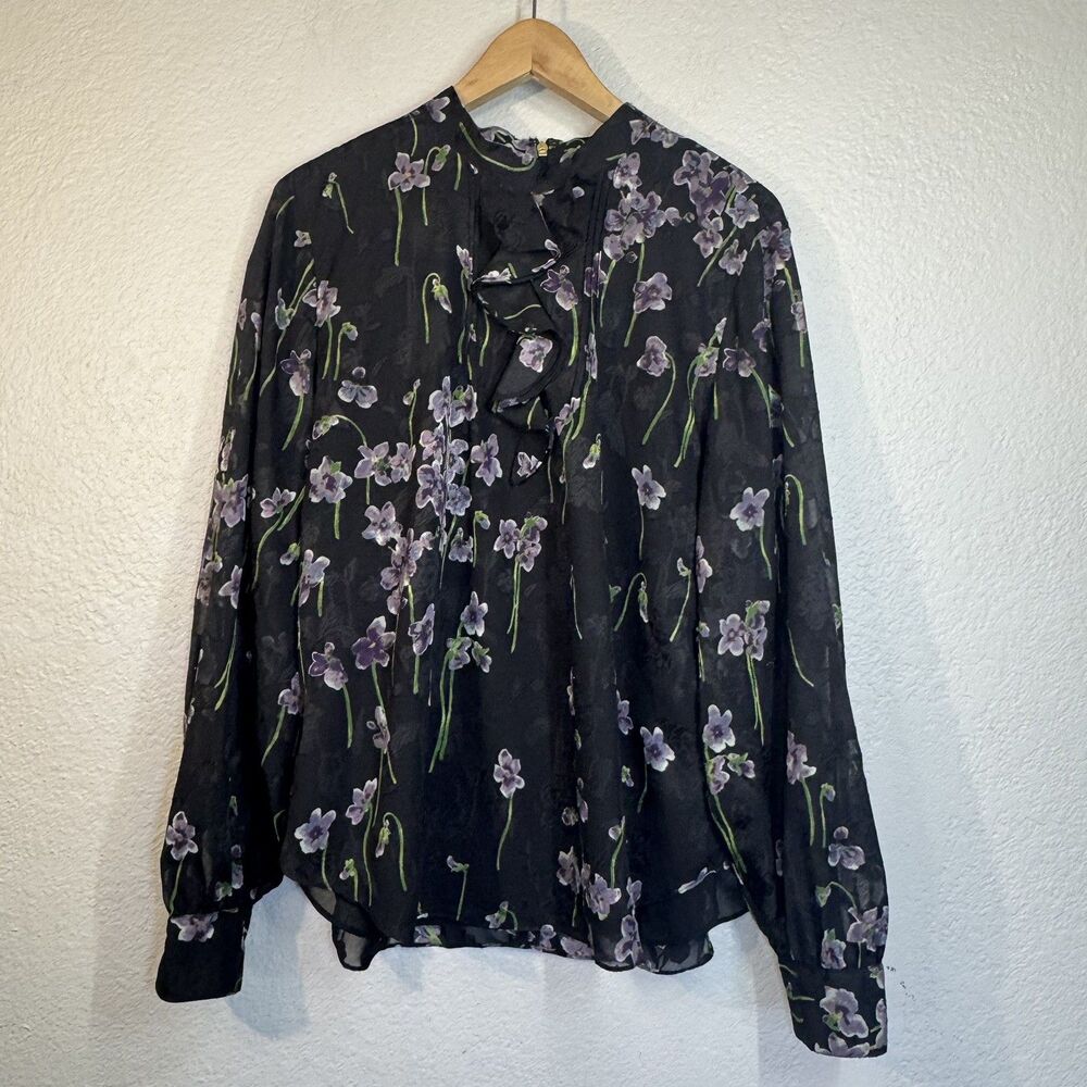 Ralph Lauren Blouse Black Floral Chiffon Jacquard Ruffle Edwardian Goth Women 16